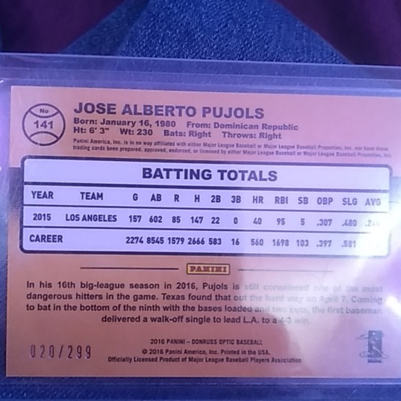 2016 Albert pujols card number 20 at a 299 - Picture 2 of 2